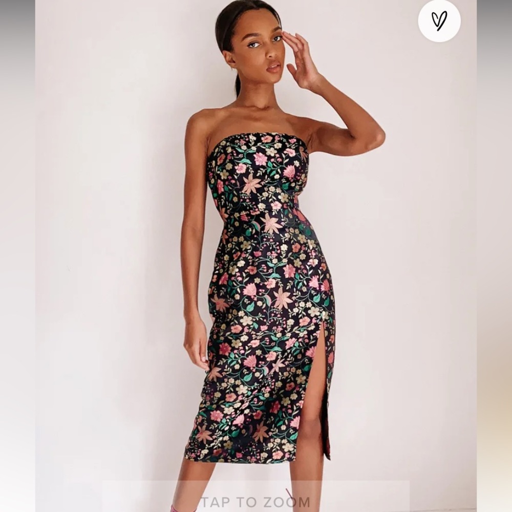 Lulus Black Satin Floral Strapless dress